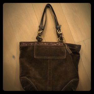 Coach Tote Bag Dark Brown Beaded Suede Leather